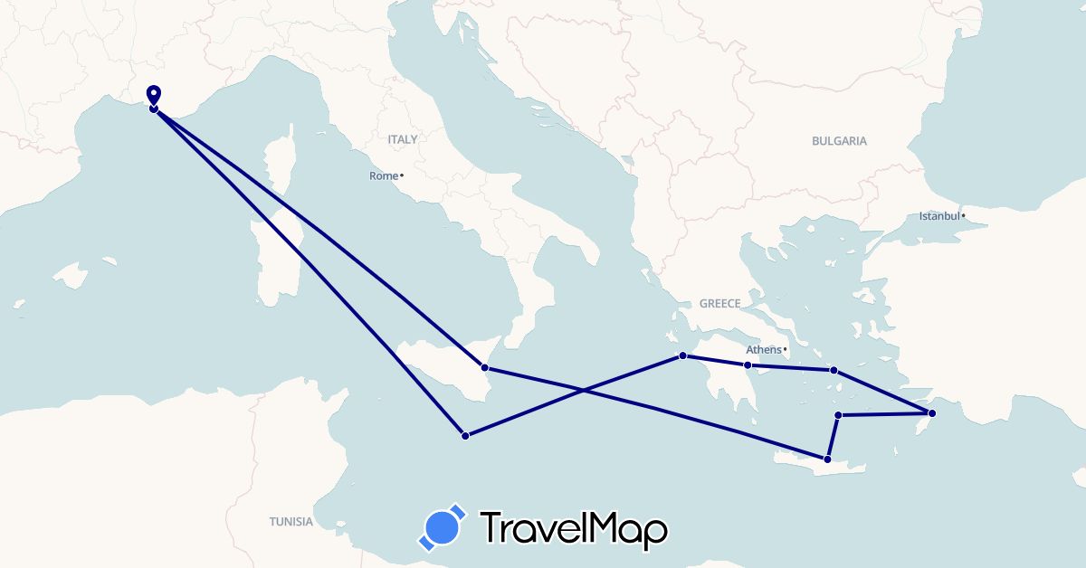 TravelMap itinerary: driving in France, Greece, Italy, Malta (Europe)